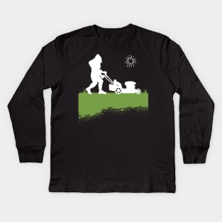 Bigfoot, the Lawn Mowing Sasquatch: Taming and Cutting Grass Kids Long Sleeve T-Shirt